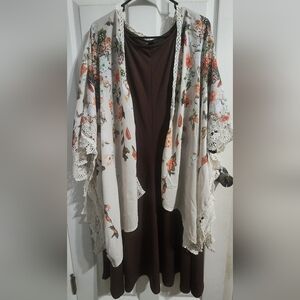 Roaman's Floral Kimono Dress - Brown and Cream